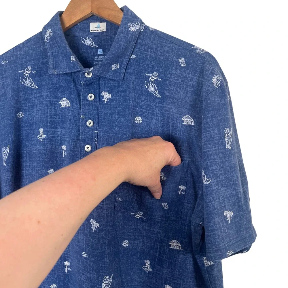 Johnnie-O‎ Hangin Out Buddy Polo Shirt Mens XL Oceanside Blue Hula Girl Kapalua